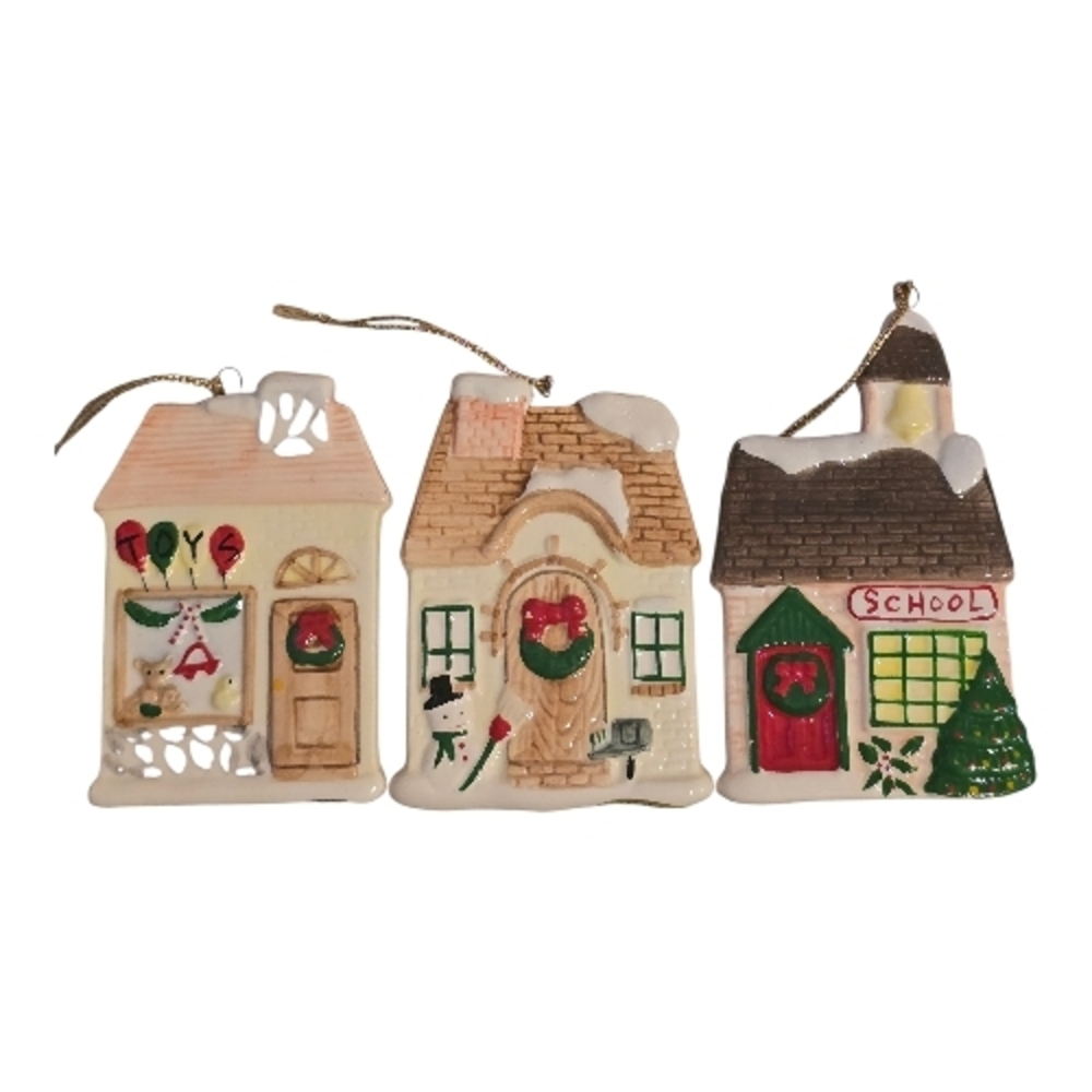 Russ Berrie Vintage Holiday Village Ornament Set Of 3 School, Toy Store, Home.